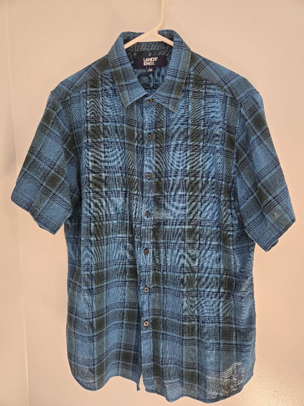 Lands' End Plaid Button Down Shirt Men's L Blue Green Short Sleeve Casual